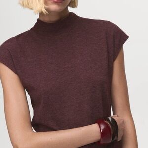 Mango Burgundy High Collar Cap Sleeve Top